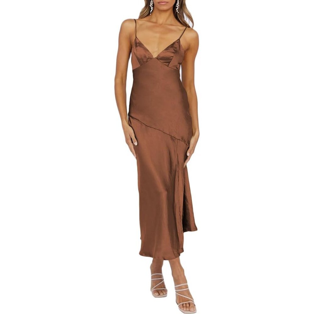 Summer Satin V Neck Slip Midi Dress Women Wedding Guest Sexy Spaghetti